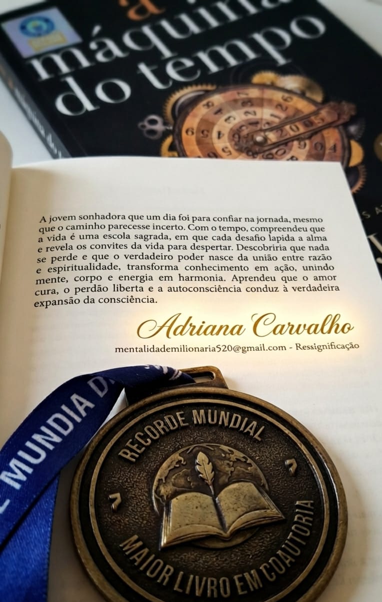 Livro A Máquina do Tempo aberto na página de Adriana Carvalho com a medalha oficial do Guinness World Records