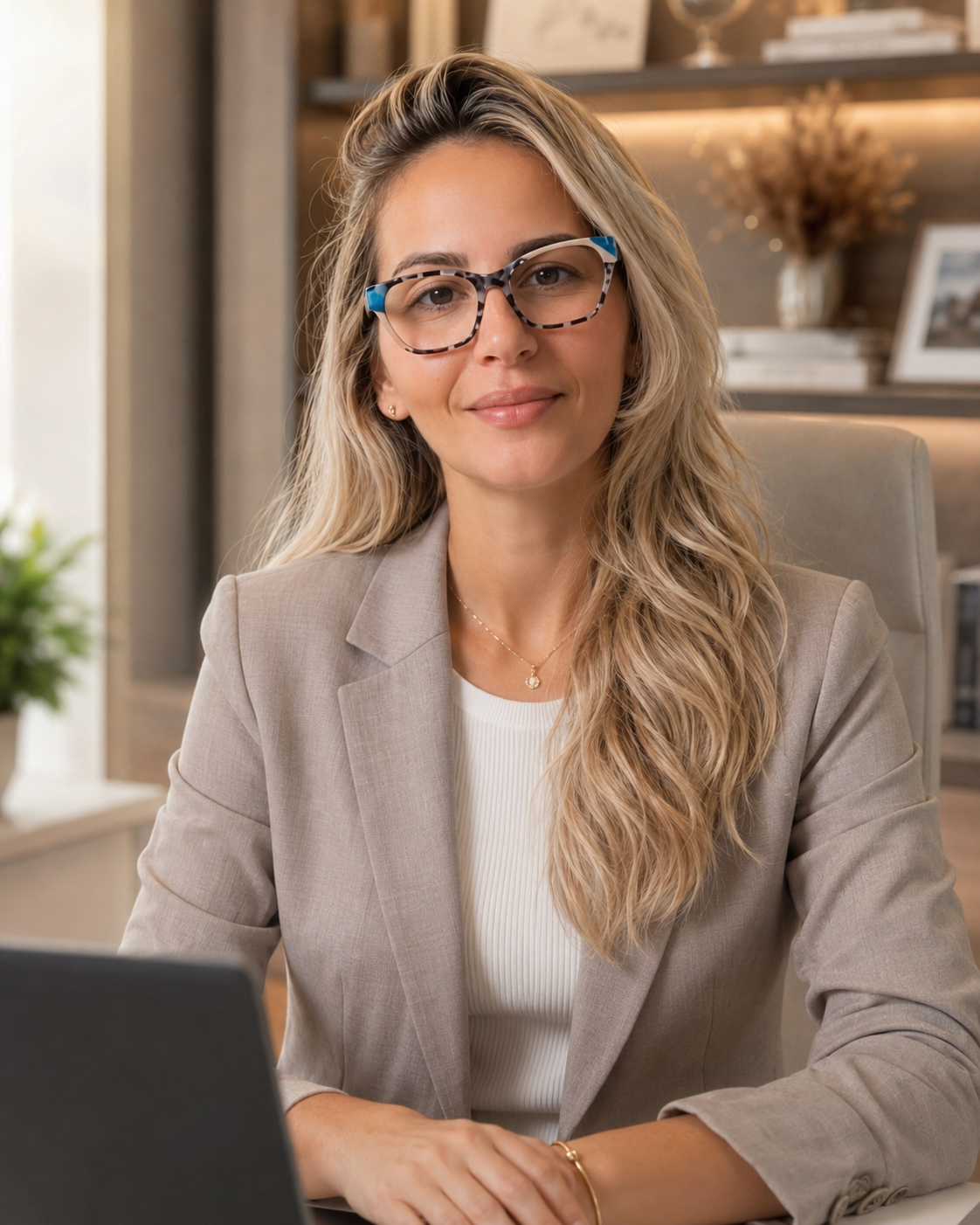 Adriana Carvalho LuxMind em escritório premium, representando autoridade em psicanálise, neurociência, reprogramação mental e transformação humana.