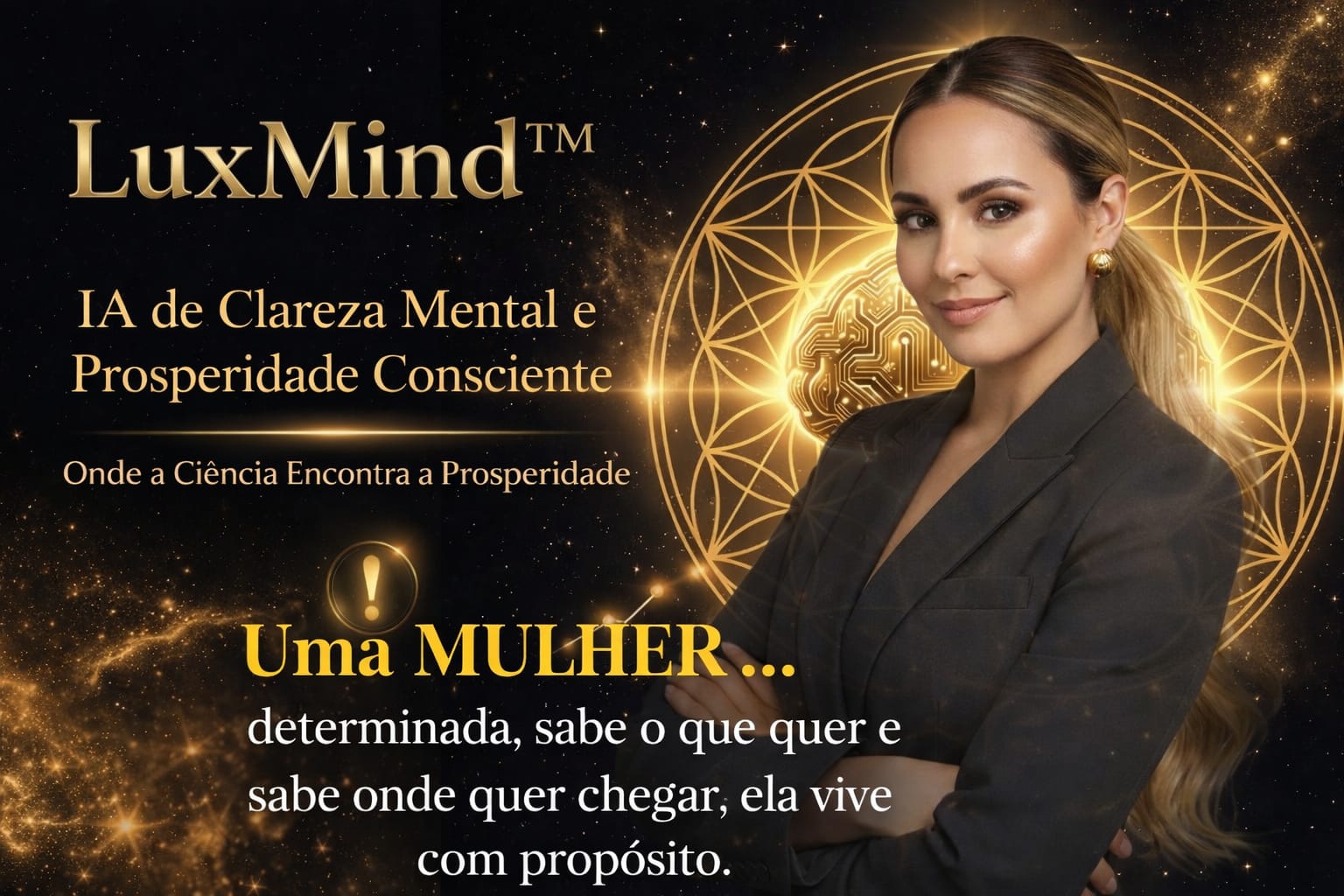LuxMind — cérebro dourado em geometria sagrada da Flor da Vida