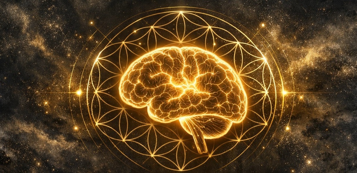 LuxMind — cérebro dourado em geometria sagrada da Flor da Vida